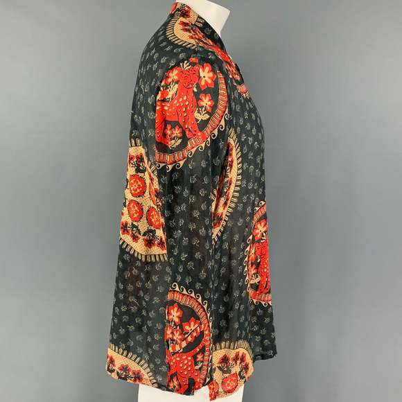 GUCCI Gray Red Khaki Print Cotton Nehru Collar Long Sleeve Shirt - Picture 3 of 8